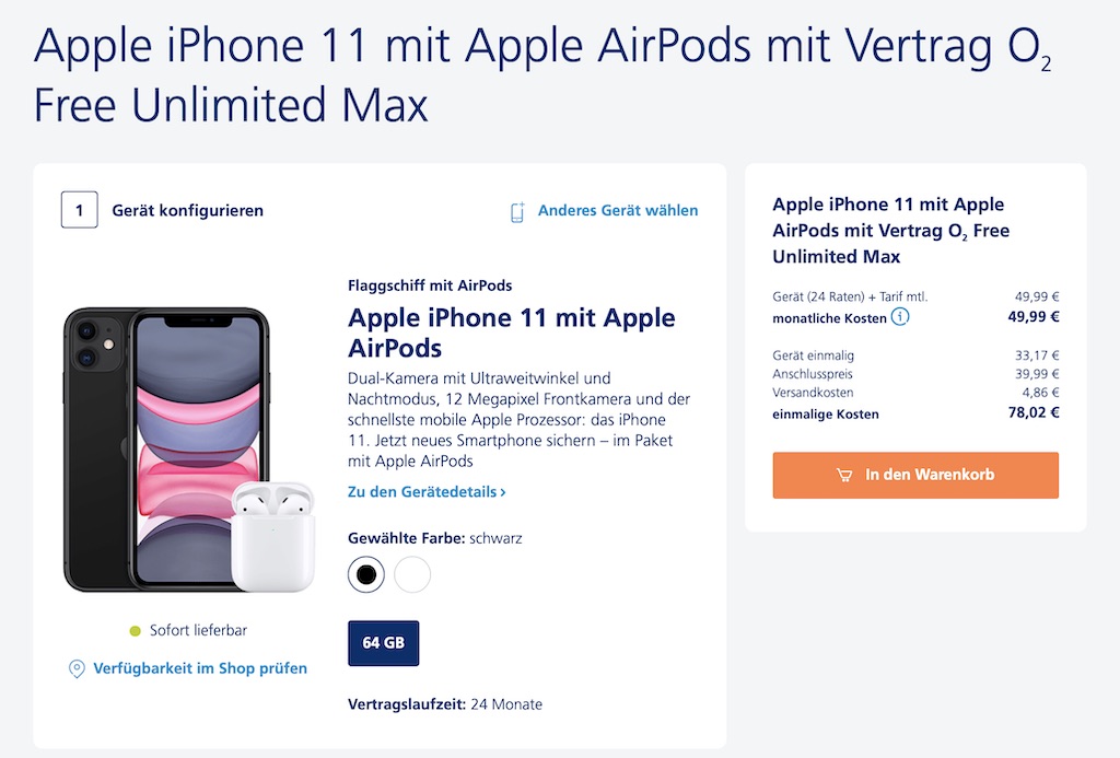 o2: iPhone 11 AirPods mit o2 Unlimited Max nur Euro Macerkopf